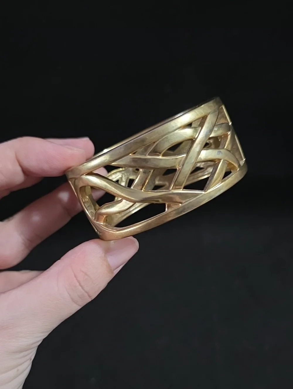 Gold Toned Openwork Cuff Bracelet with Crystal Accent